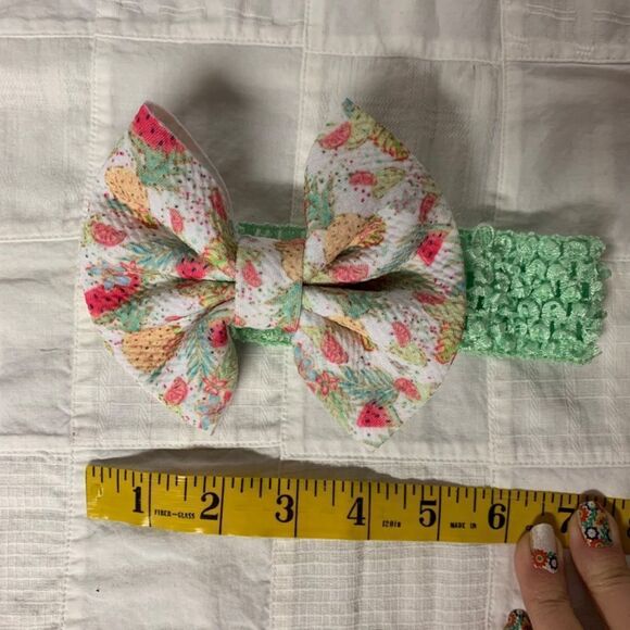 Infant Headband Mint Green Band White Watermelon PineapplesBow Size Preemie B298 - Picture 4 of 9
